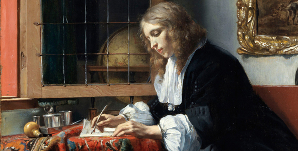 image of painting of young white man writing with a pen by Gabriel Metsu, a Dutch painter, 1629-1667>
</p>
<p>
	There begins the relationship between you, the tools – the pen
and the paper.  By handwriting a letter
or note you are creating a unique stamp of yourself – your penmanship
style, the choice of writing surface, the choice of writing instrument and your
personal expressions.  It is very much
like choosing a brush, paint and surface to apply your marks to express
sadness, empathy, sympathy, joy, independence, insecurity, anger…
</p>
<p>
	The marks made in a letter do not have to be “fancy”, neat
or straight.  In other words, your
handwriting is an extension of yourself in a one-of-a-kind way.  We use 21
	<sup style=